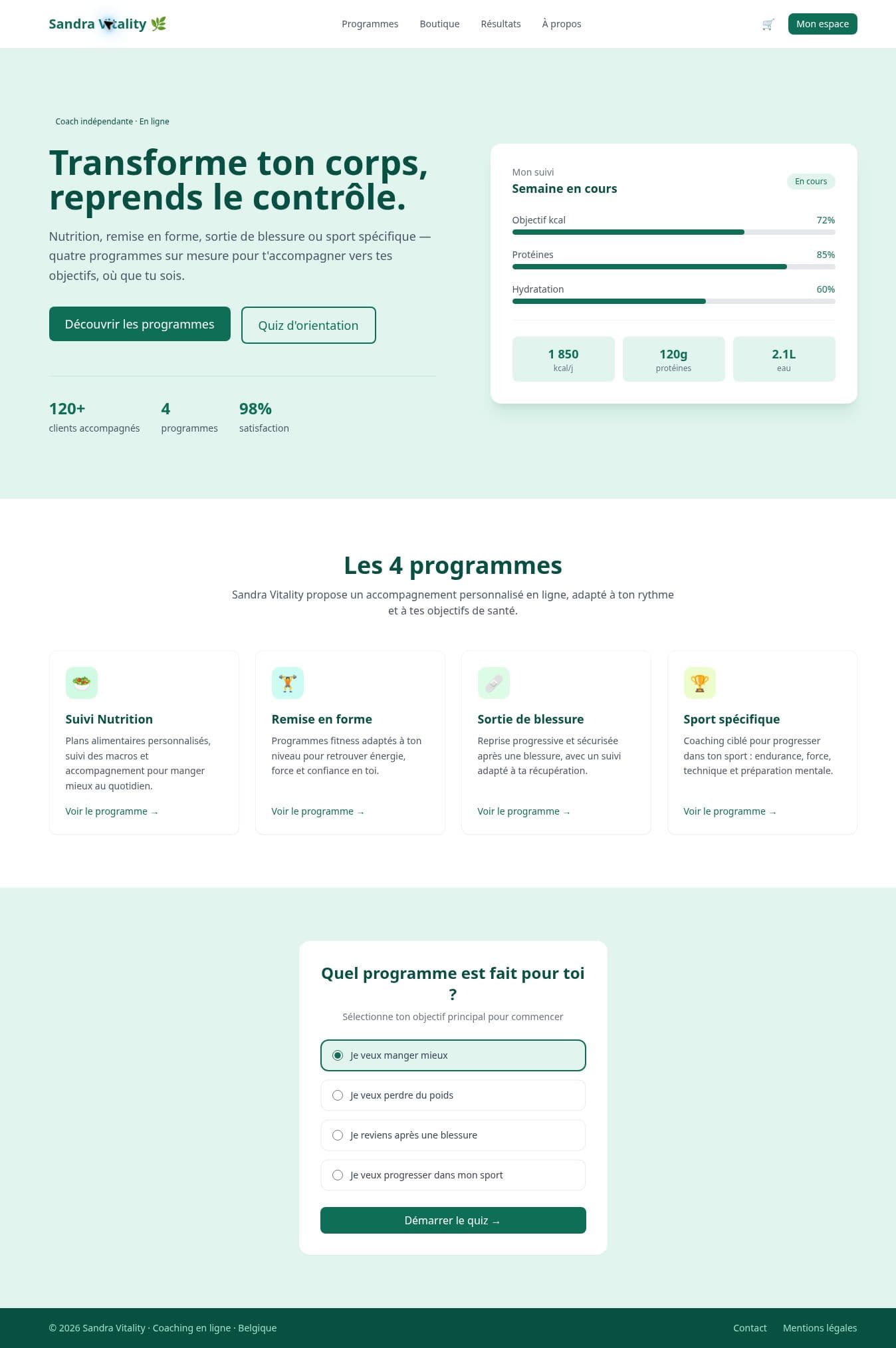 Full view of Sandra Vitality homepage